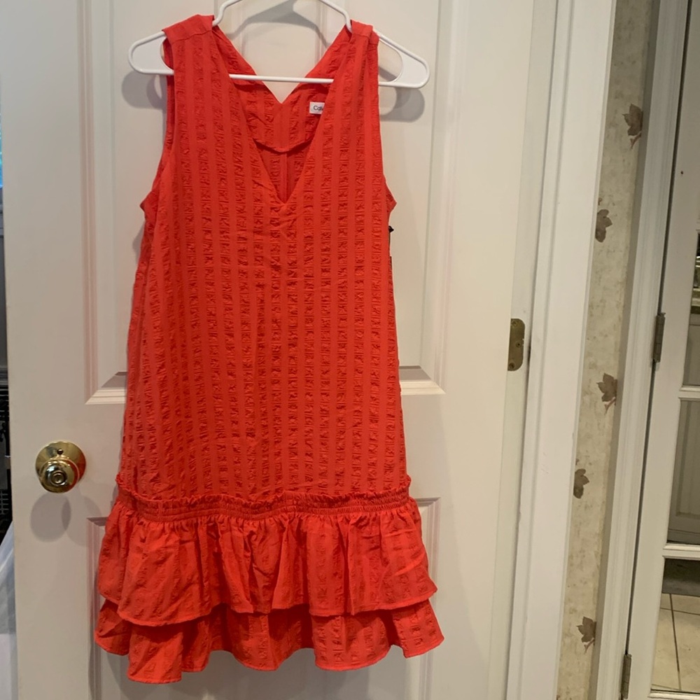 Calvin Klein coral crepe material b neck sleeveless mini dress or coverup